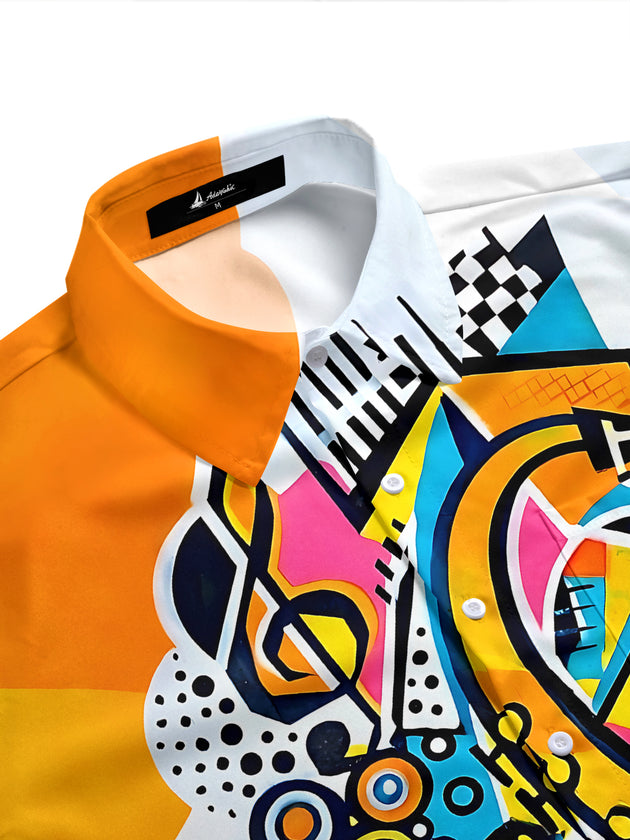 Adaychic Men's Musical Instruments Collage Print Short Sleeve Shirt with Chest Pocket