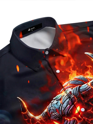 Adaychic Men's 3D Lava Bull Fire Graphic Print Short Sleeve Button Down Shirt with Chest Pocket