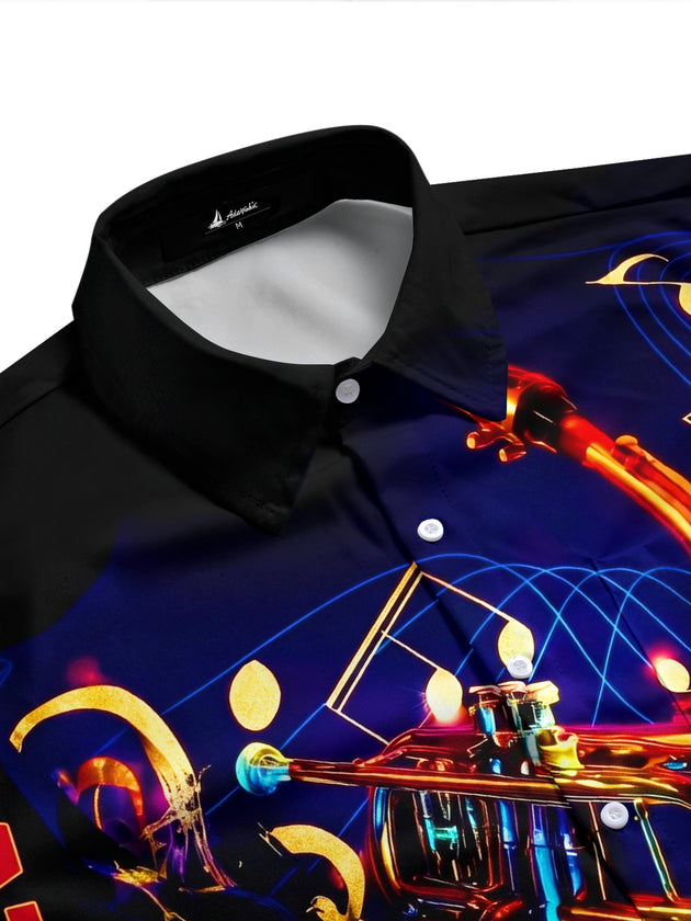 Adaychic Men's Graphic Jazz Musical Instruments Print Short Sleeve Button Down Shirt with Chest Pocket