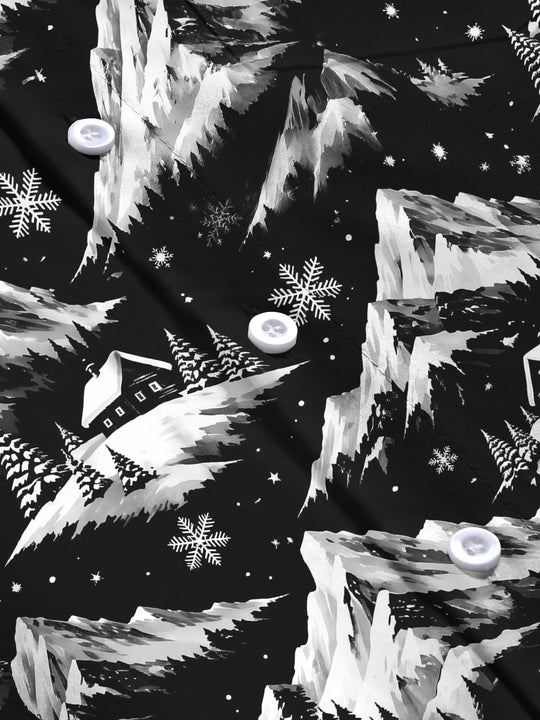 Adaychic Men's Printed Snowy Mountains And Cabins Print Long Sleeve Shirt with Chest Pocket