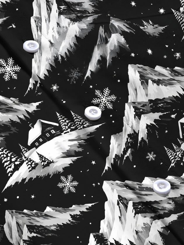 Adaychic Men's Printed Snowy Mountains And Cabins Print Long Sleeve Shirt with Chest Pocket