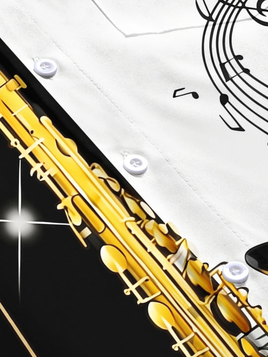 Adaychic Men's Hawaiian Saxophone Print Musical Notes Print Short Sleeve Shirt with Chest Pocket