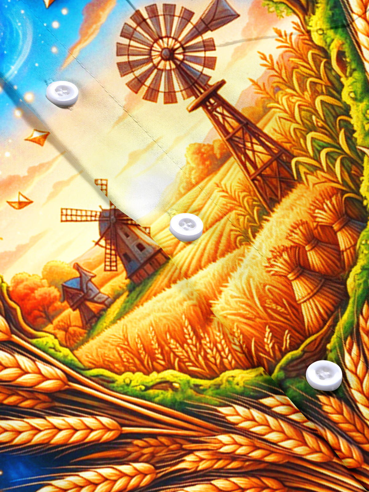 Adaychic Men's Wheat Field And Windmill Landscape Print Short Sleeve Shirt with Chest Pocket