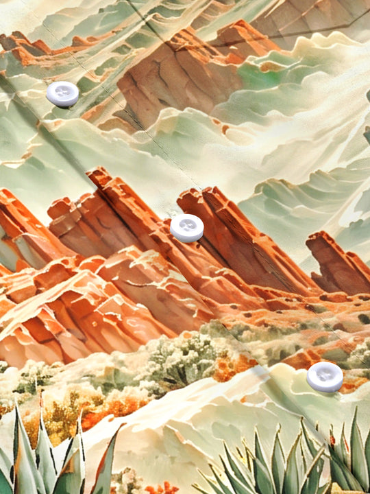 Adaychic Men's Short Sleeve Shirt - Desert Landscape With Red Rock Canyons And Agave Plants Print with Chest Pocket