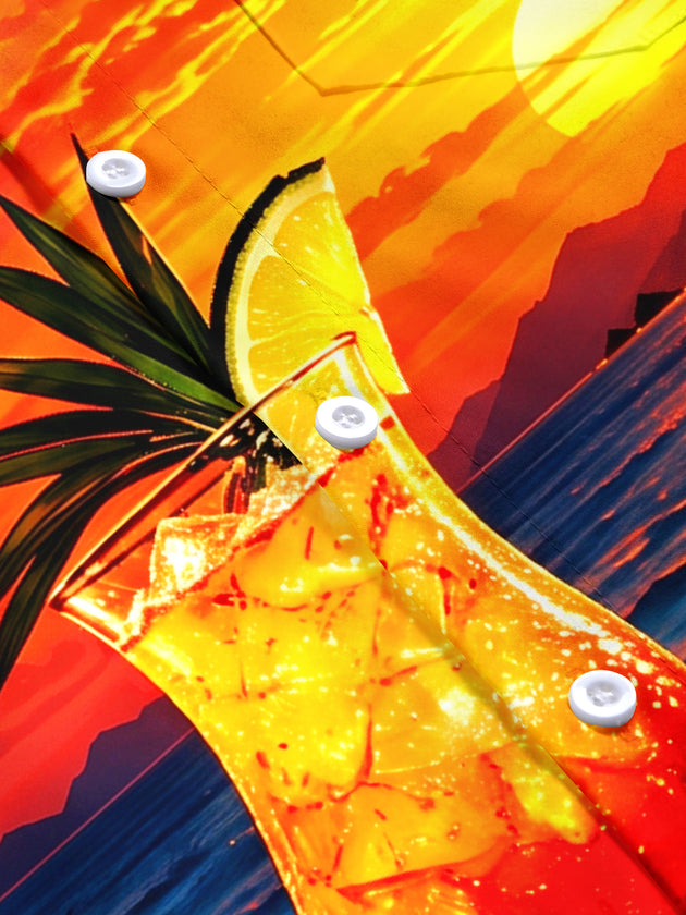 Adaychic Men's Short Sleeve Shirt - Tropical Sunset With Cocktail And Palm Trees Print with Chest Pocket