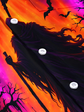Adaychic Men's Short Sleeve Shirt - Halloween Grim Reaper And Jack-o-lanterns In A Graveyard Print with Chest Pocket