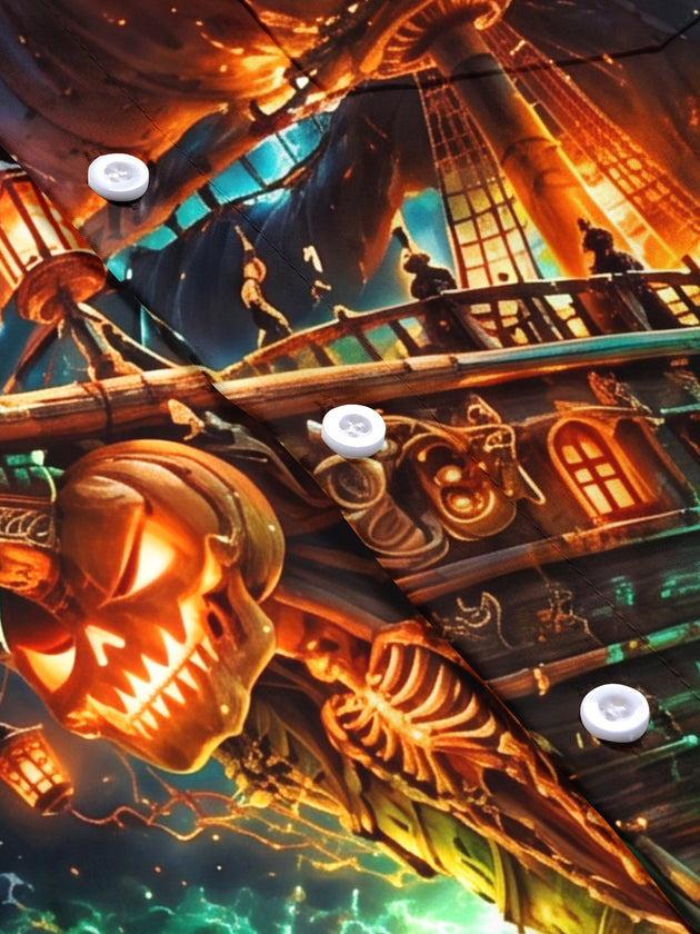 Adaychic Men's Graphic Halloween Pumpkin Ghost Ship Print Short Sleeve Shirt with Chest Pocket
