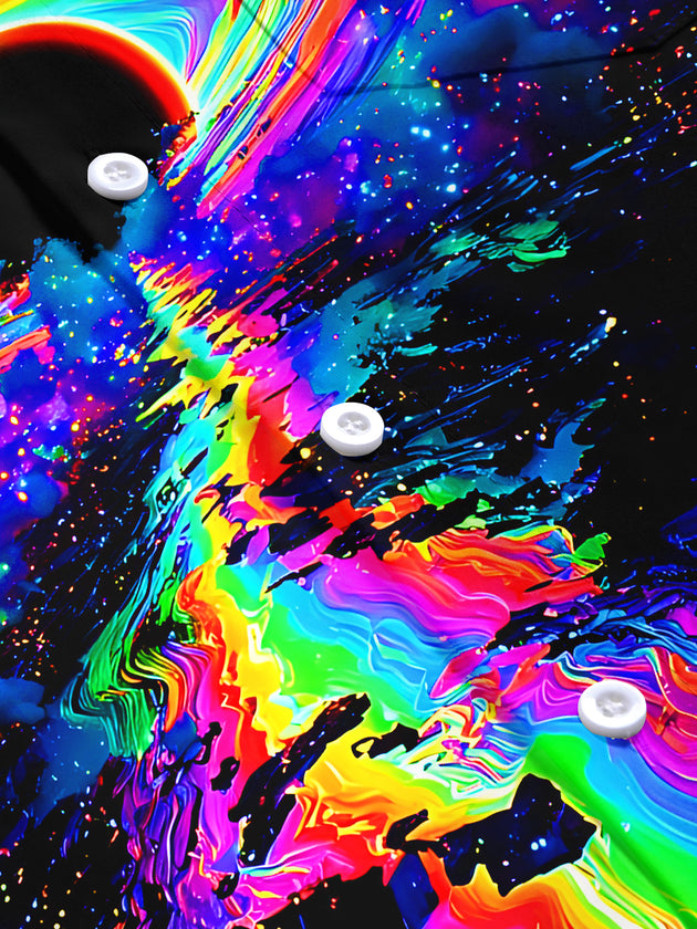 Adaychic Men's Graphic Rainbow Eclipse Print Short Sleeve Shirt with Chest Pocket