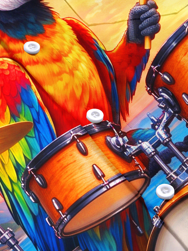 Adaychic Men's Hawaiian Parrot Playing Drums Print Short Sleeve Shirt with Chest Pocket