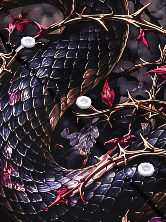 Adaychic Men's Dark Snake And Purple Flowers With Moon Print Short Sleeve Shirt with Chest Pocket