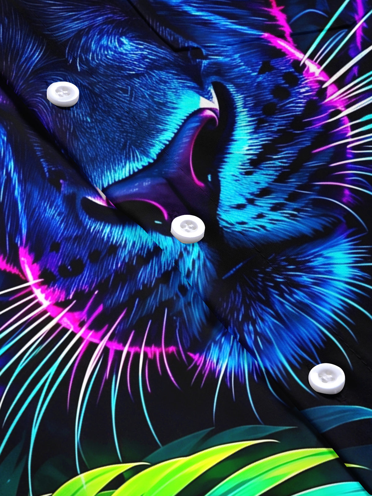 Adaychic Men's Neon Black Panther And Tropical Leaves Print Short Sleeve Shirt with Chest Pocket
