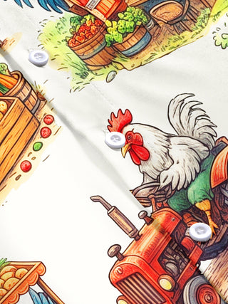 Adaychic Men's Hawaiian Rooster Farm Market Scenes Print Short Sleeve Shirt with Chest Pocket