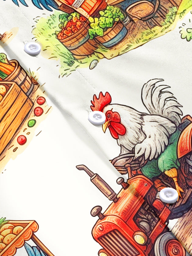 Adaychic Men's Hawaiian Rooster Farm Market Scenes Print Short Sleeve Shirt with Chest Pocket