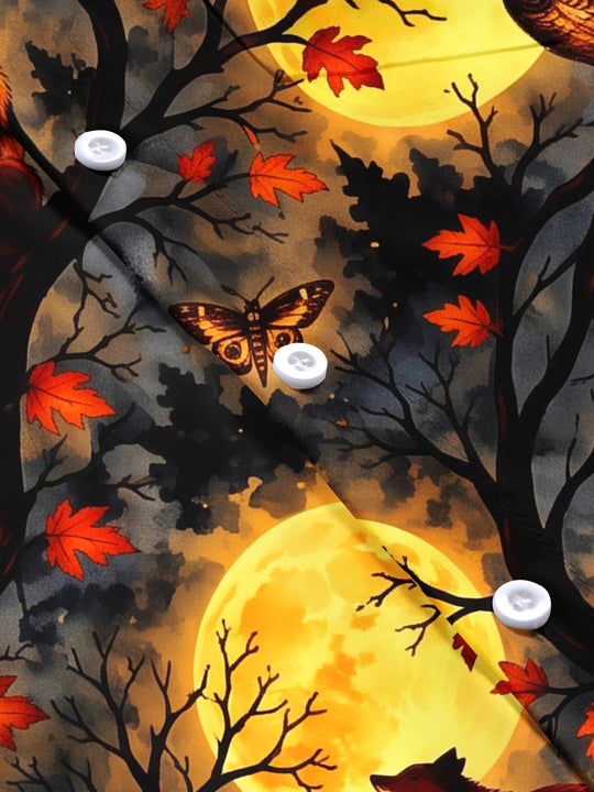 Adaychic Men's Short Sleeve Shirt - Halloween Foxes And Owls In Moonlit Forest Print with Chest Pocket