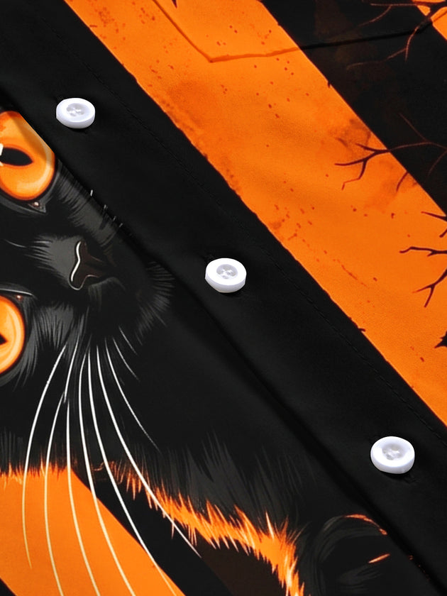 Adaychic Men's Black Cat And Halloween Moon With Bats Print Short Sleeve Shirt with Chest Pocket