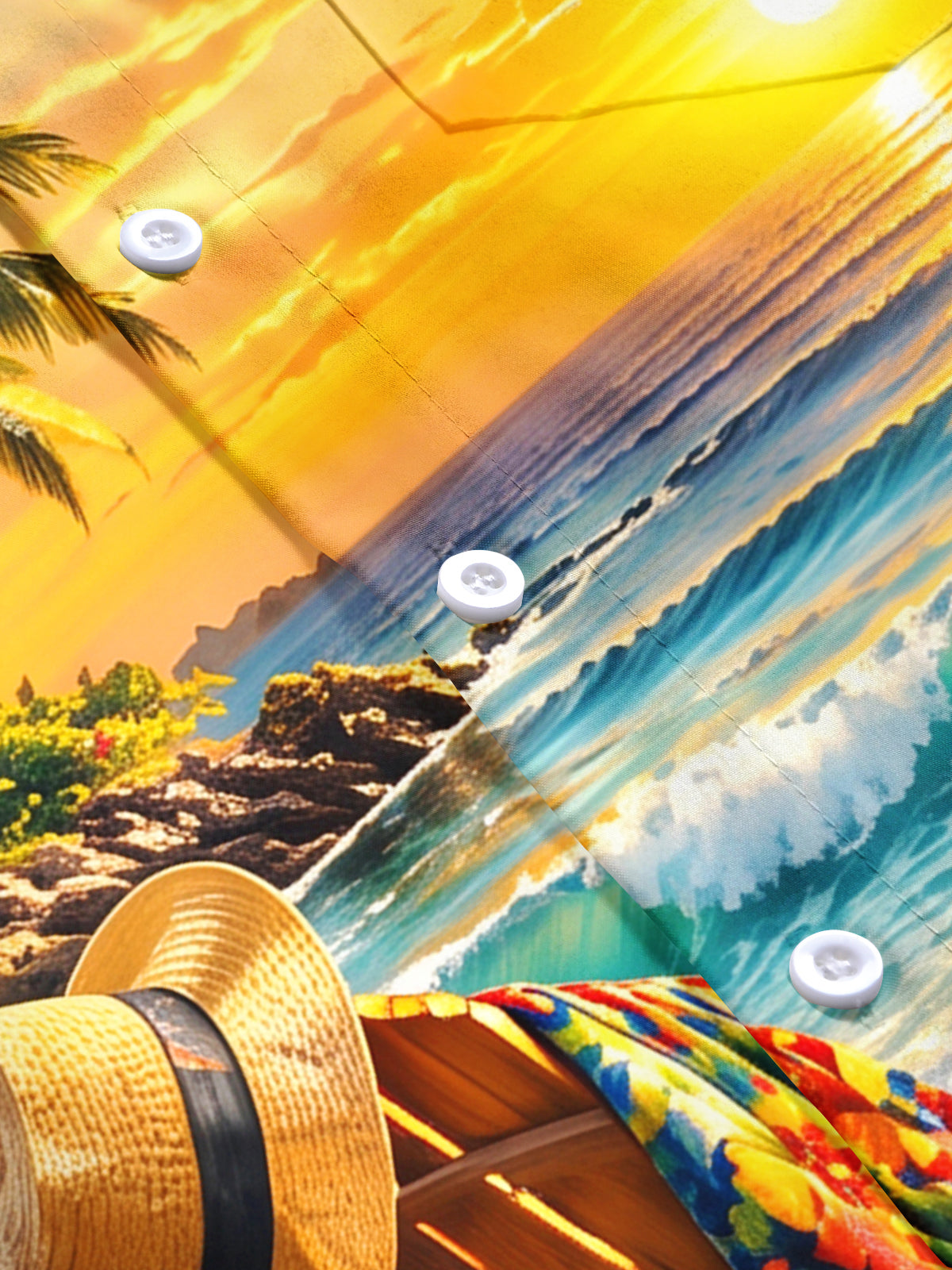 Adaychic Men's Short Sleeve Shirt - Beach Sunset Scenery With Palm Trees And Hibiscus Flowers Print with Chest Pocket
