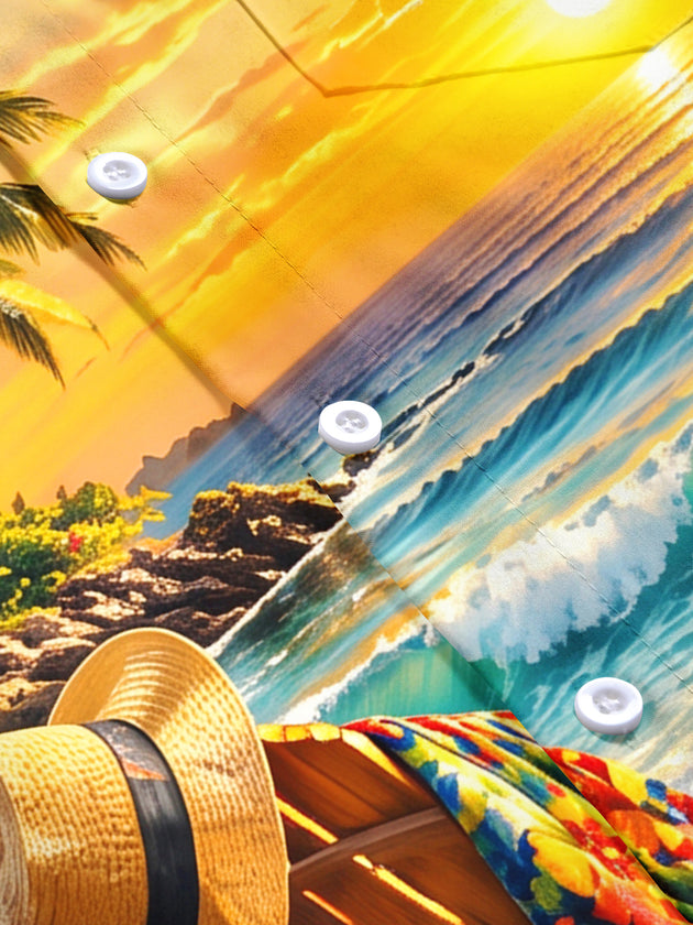 Adaychic Men's Short Sleeve Shirt - Beach Sunset Scenery With Palm Trees And Hibiscus Flowers Print with Chest Pocket