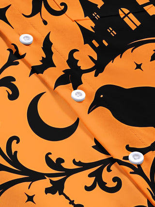 Adaychic Men's Short Sleeve Shirt - Halloween Black Cats Crows Bats Castles And Moon Print with Chest Pocket