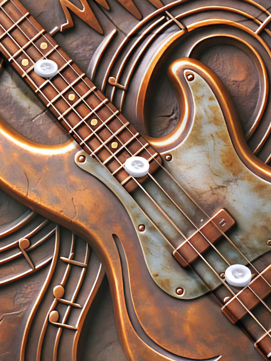 Adaychic Men's Short Sleeve Shirt - Bronze Relief Bass Guitar And Musical Notes Print with Chest Pocket