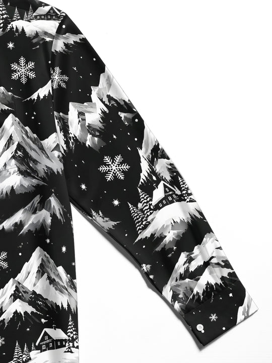 Adaychic Men's Printed Snowy Mountains And Cabins Print Long Sleeve Shirt with Chest Pocket