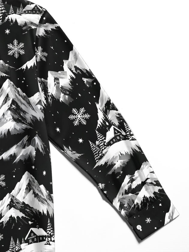 Adaychic Men's Printed Snowy Mountains And Cabins Print Long Sleeve Shirt with Chest Pocket