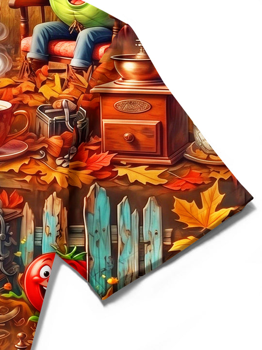 Adaychic Men's Cartoon Vegetables And Coffee Party Print Short Sleeve Shirt with Chest Pocket