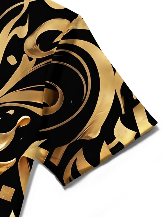 Adaychic Men's Gold Baroque Scroll And Leaf Pattern Short Sleeve Shirt with Chest Pocket