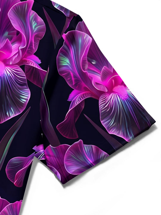 Adaychic Men's Hawaiian Purple Iris Flowers Print Short Sleeve Shirt with Chest Pocket
