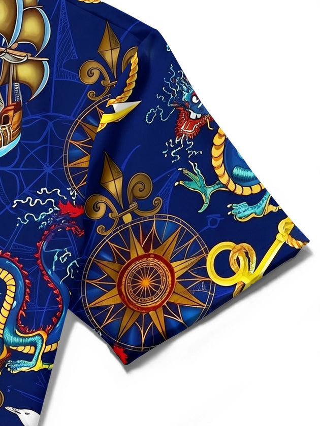 Adaychic Men's Hawaiian Nautical Dragon Print Short Sleeve Shirt with Chest Pocket