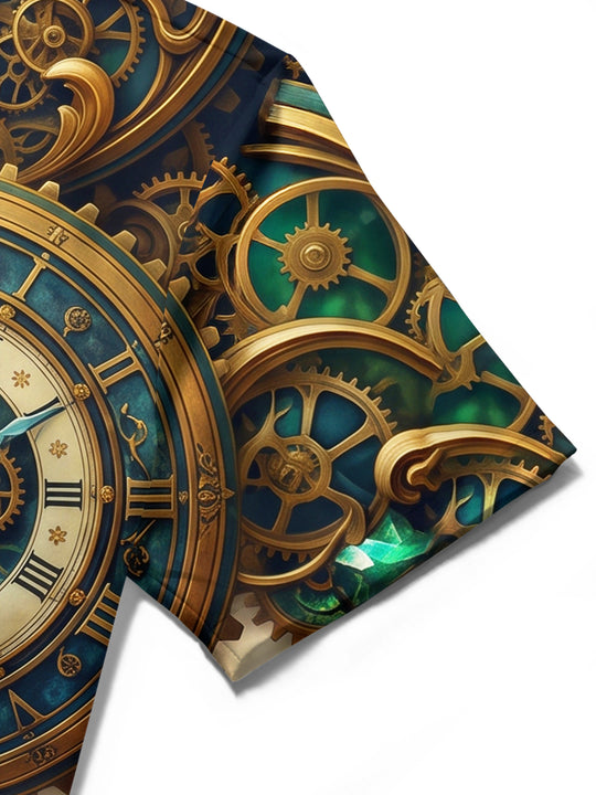 Adaychic Men's Graphic Steampunk Clock Gears And Gems Print Short Sleeve Shirt with Chest Pocket
