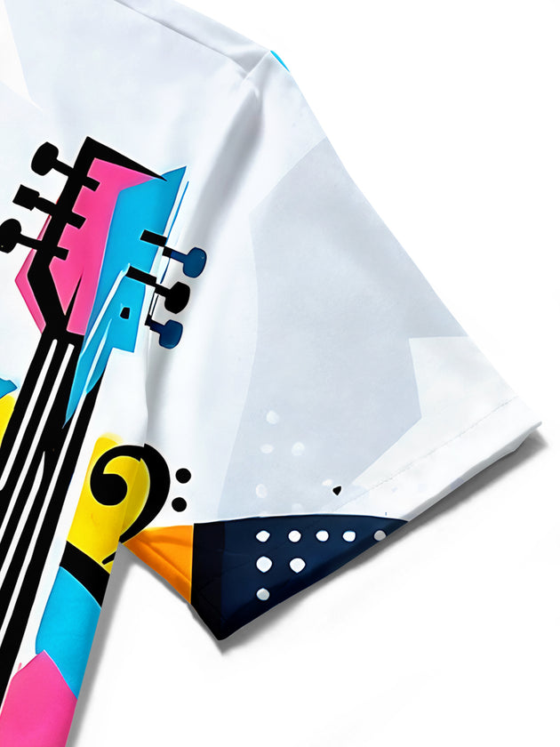 Adaychic Men's Musical Instruments Collage Print Short Sleeve Shirt with Chest Pocket