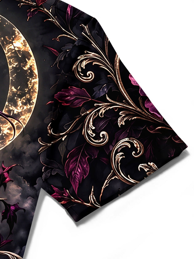 Adaychic Men's Dark Snake And Purple Flowers With Moon Print Short Sleeve Shirt with Chest Pocket