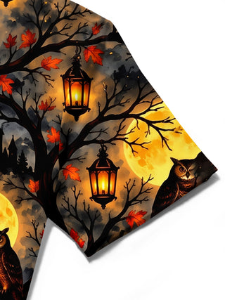 Adaychic Men's Short Sleeve Shirt - Halloween Foxes And Owls In Moonlit Forest Print with Chest Pocket