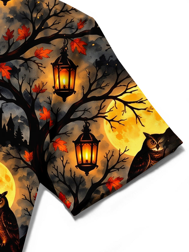 Adaychic Men's Short Sleeve Shirt - Halloween Foxes And Owls In Moonlit Forest Print with Chest Pocket