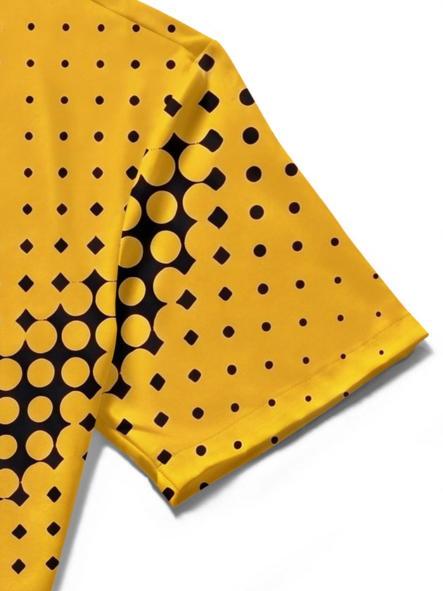 Adaychic Men's Graphic Geometric Black Yellow Halftone Dot Print Short Sleeve Button Down Shirt with Chest Pocket