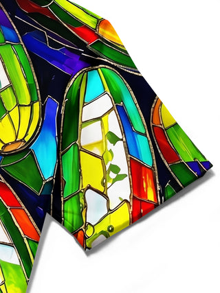 Adaychic Men's Hawaiian Stained Glass Cucumber Pattern Short Sleeve Shirt with Chest Pocket