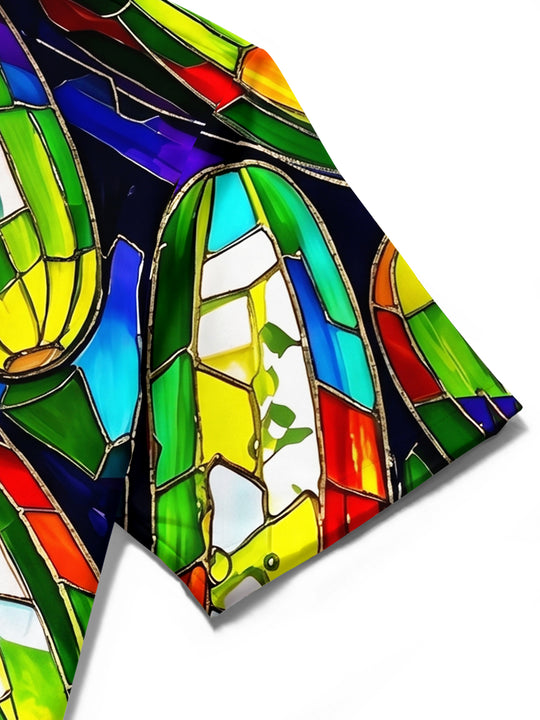 Adaychic Men's Hawaiian Stained Glass Cucumber Pattern Short Sleeve Shirt with Chest Pocket