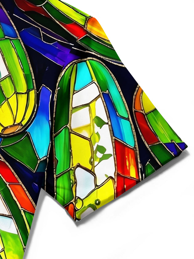 Adaychic Men's Hawaiian Stained Glass Cucumber Pattern Short Sleeve Shirt with Chest Pocket