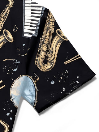 Adaychic Men's Hawaiian Musical Instruments Print Short Sleeve Shirt with Chest Pocket