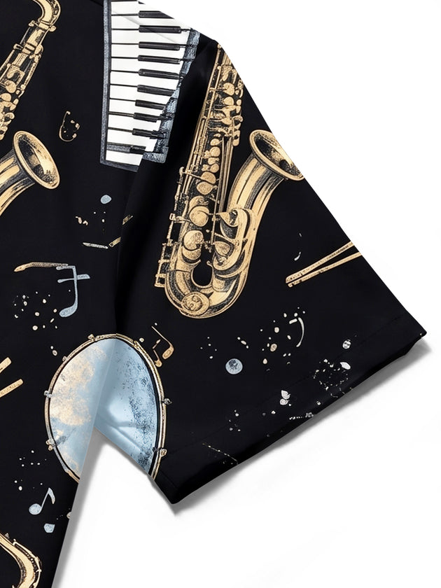 Adaychic Men's Hawaiian Musical Instruments Print Short Sleeve Shirt with Chest Pocket