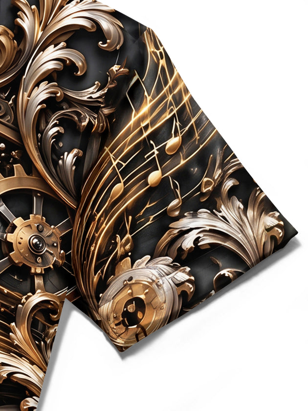 Adaychic Men's Steampunk Piano And Musical Notes Print Short Sleeve Shirt with Chest Pocket