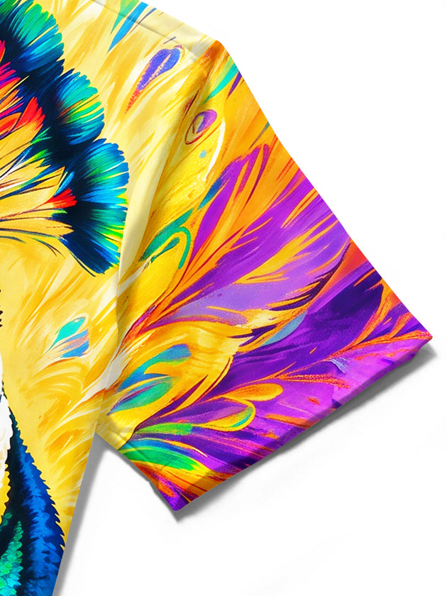 Adaychic Men's Hawaiian Colorful Peacock Head Print Short Sleeve Shirt with Chest Pocket
