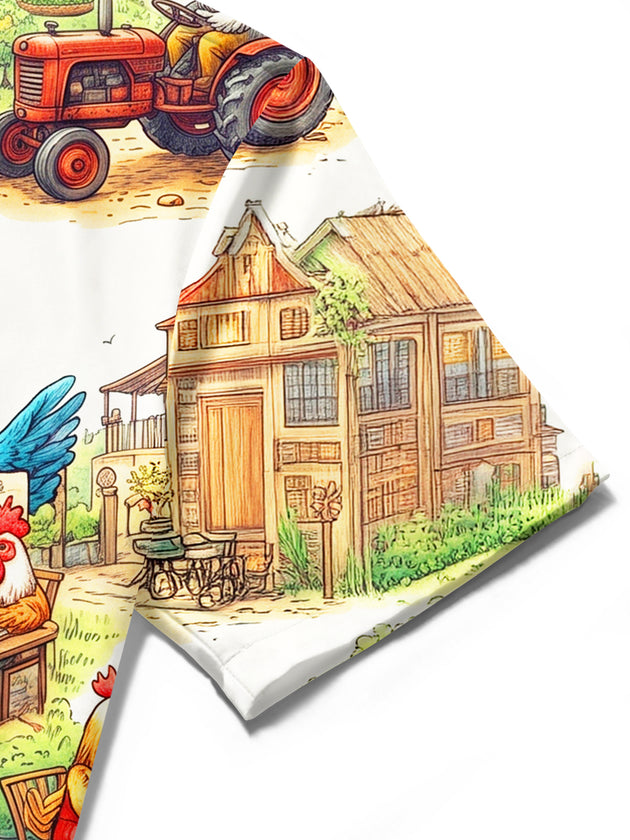 Adaychic Men's Hawaiian Rooster Farm Market Scenes Print Short Sleeve Shirt with Chest Pocket