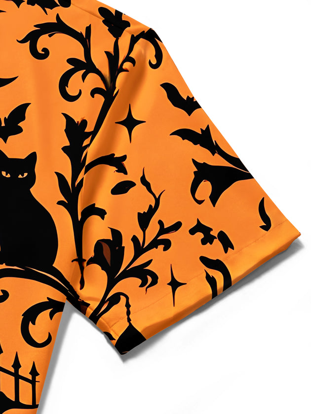 Adaychic Men's Short Sleeve Shirt - Halloween Black Cats Crows Bats Castles And Moon Print with Chest Pocket