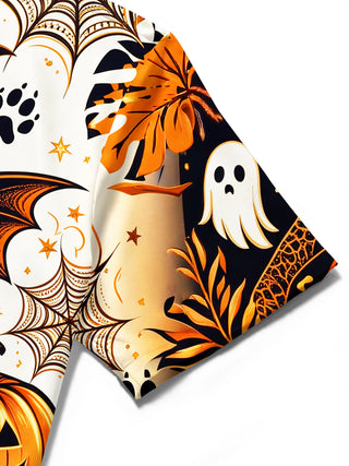 Adaychic Men's Hawaiian Halloween Black Cat Print Short Sleeve Shirt with Chest Pocket