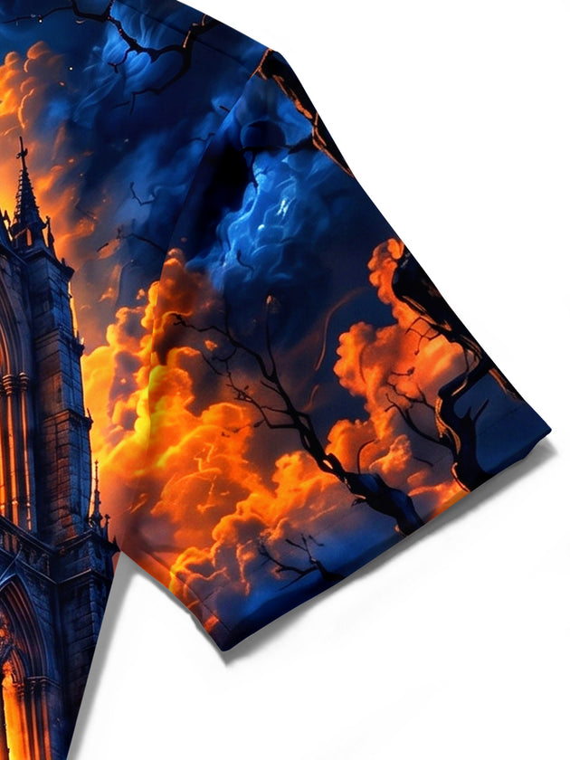 Adaychic Men's Halloween Gothic Castle And Bats Print Short Sleeve Shirt with Chest Pocket