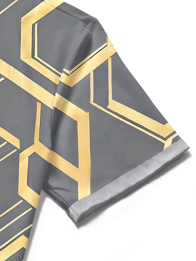 Adaychic Men's Patterned Geometric Hexagon Pattern Short Sleeve Shirt with Chest Pocket