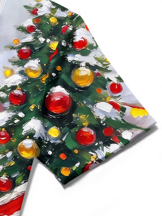 Adaychic Men's Short Sleeve Shirt - Christmas Market Scene With Christmas Tree And Ornaments Print with Chest Pocket