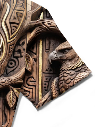 Adaychic Men's Printed 3D Wood Carved Eagle Print Short Sleeve Shirt with Chest Pocket