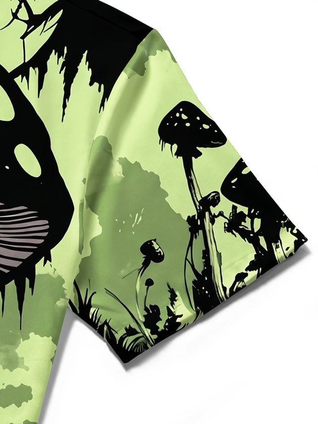 Adaychic Men's Graphic Mushroom Skull Print Short Sleeve Shirt with Chest Pocket